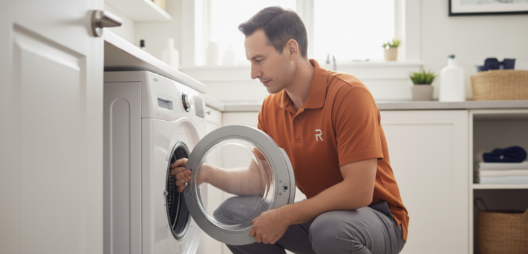 Plombier intervenant sur une machine à laver pour un dépannage plomberie à Paris et en Île-de-France